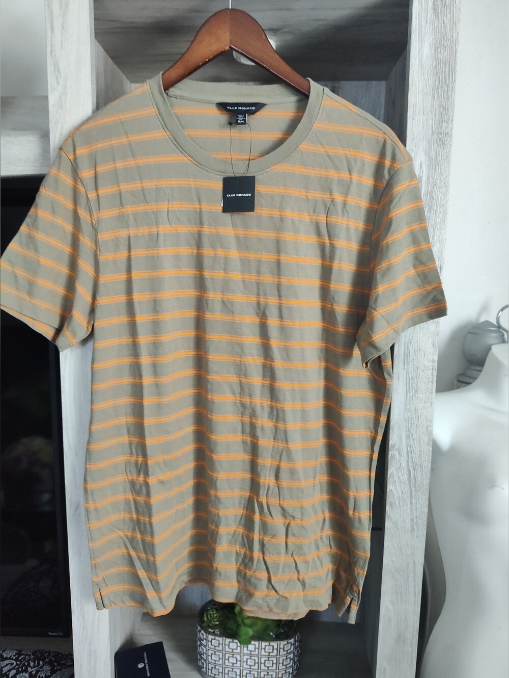 Club Monaco Olive Gray & Orange Striped Crew T-Shirt Men's SZ M New